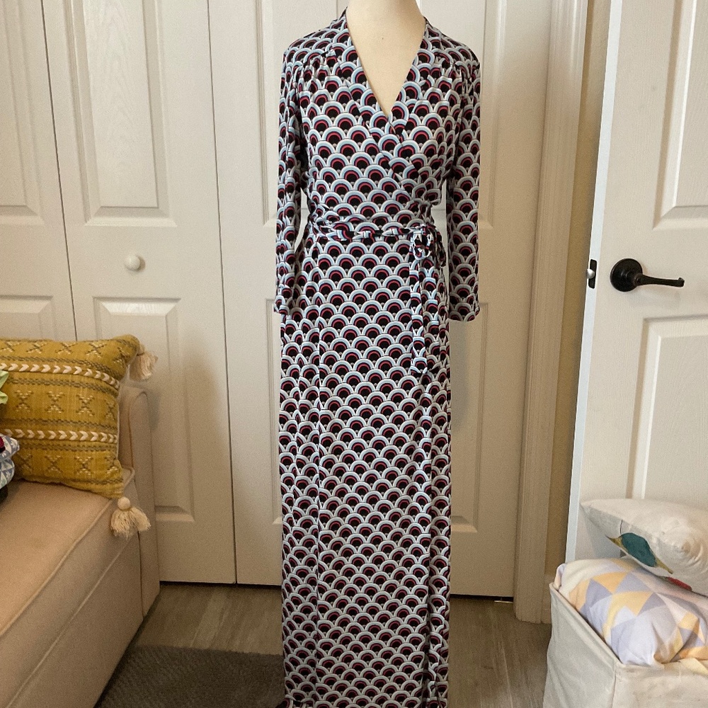 MSK Jersey Maxi Wrap Dress Retro Blue-White-Red-Print Sz M